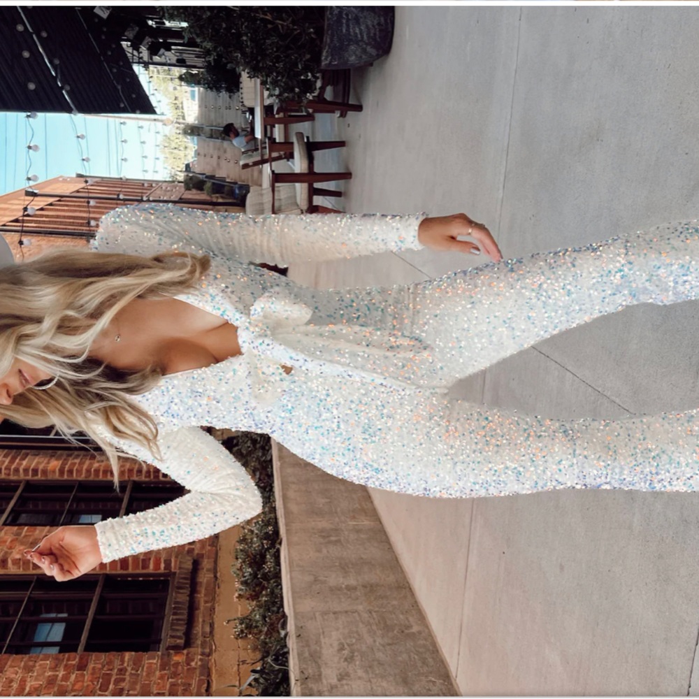 Show Me Your Mumu Martina wrap jumpsuit white sequined flare XS